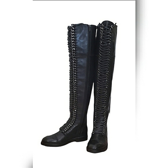 Lust For Life black leather 22" high boots 8.5 suede lace pewter chain link New - Picture 5 of 14